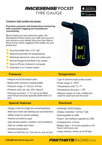 Fastmate Racing RaceSense Pocket Digital Tyre Pressure Gauge - 0-150 PSI